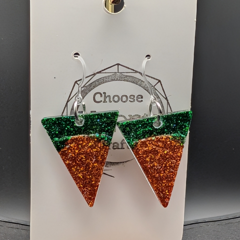 Green and Copper Glitter Triangle Dangle Earrings